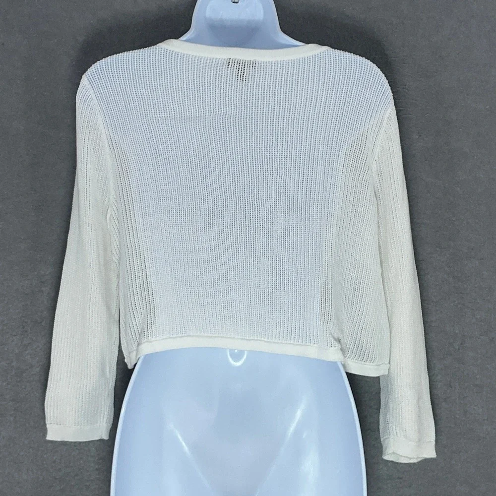 Talbots Womens‎ Cardigan Sweater Medium M White Knit Open Front 3/4 Sleeve